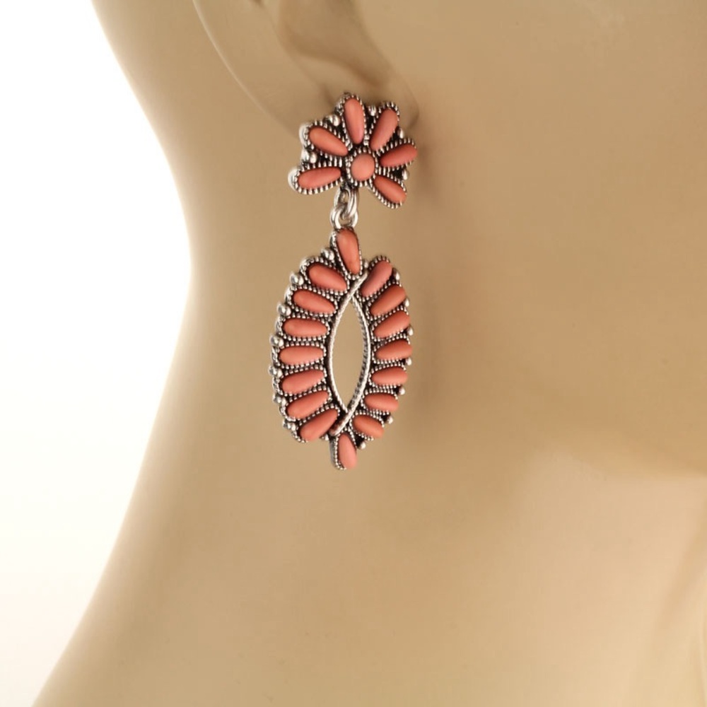 Boho Oval Blossom and Natural Coral Stone Earrings - Picture 3 of 10